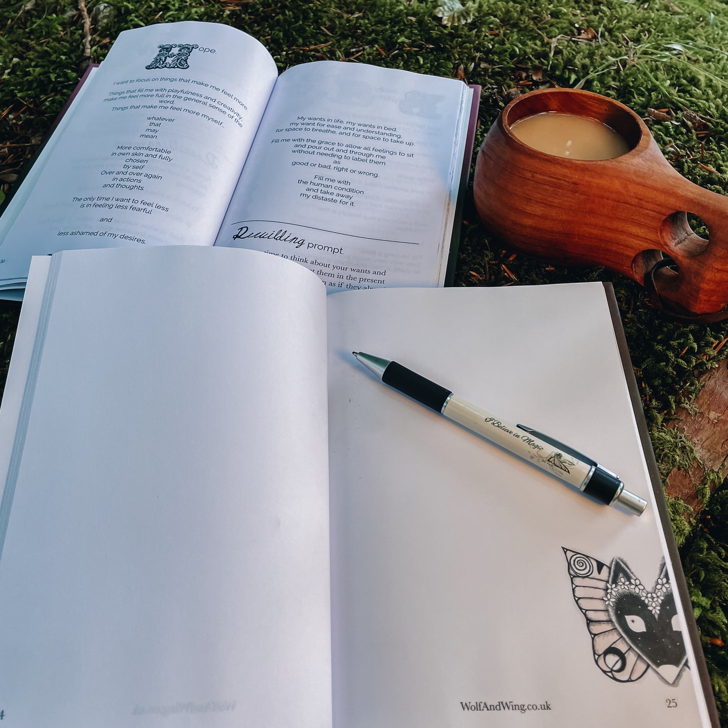 ReWild contains journal prompts and rewilding invitations so a Wolf and Wimg journal makes a great addition