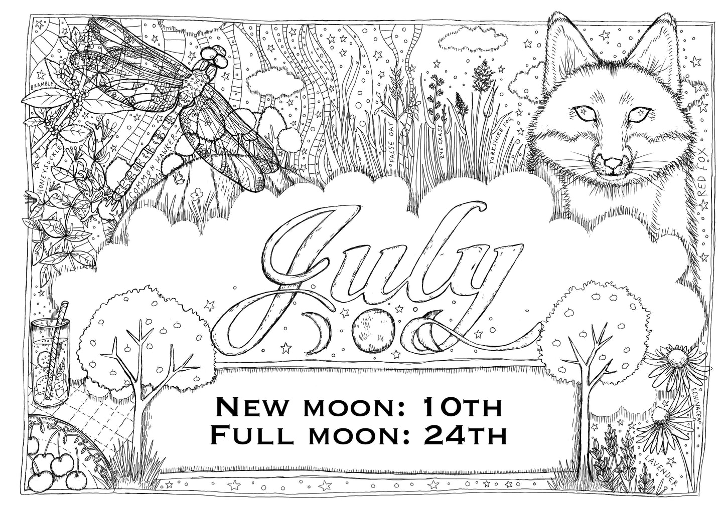 Sample adult colouring page by Sam Goodlet, included in the course each month and perfect for your journal or grimoire