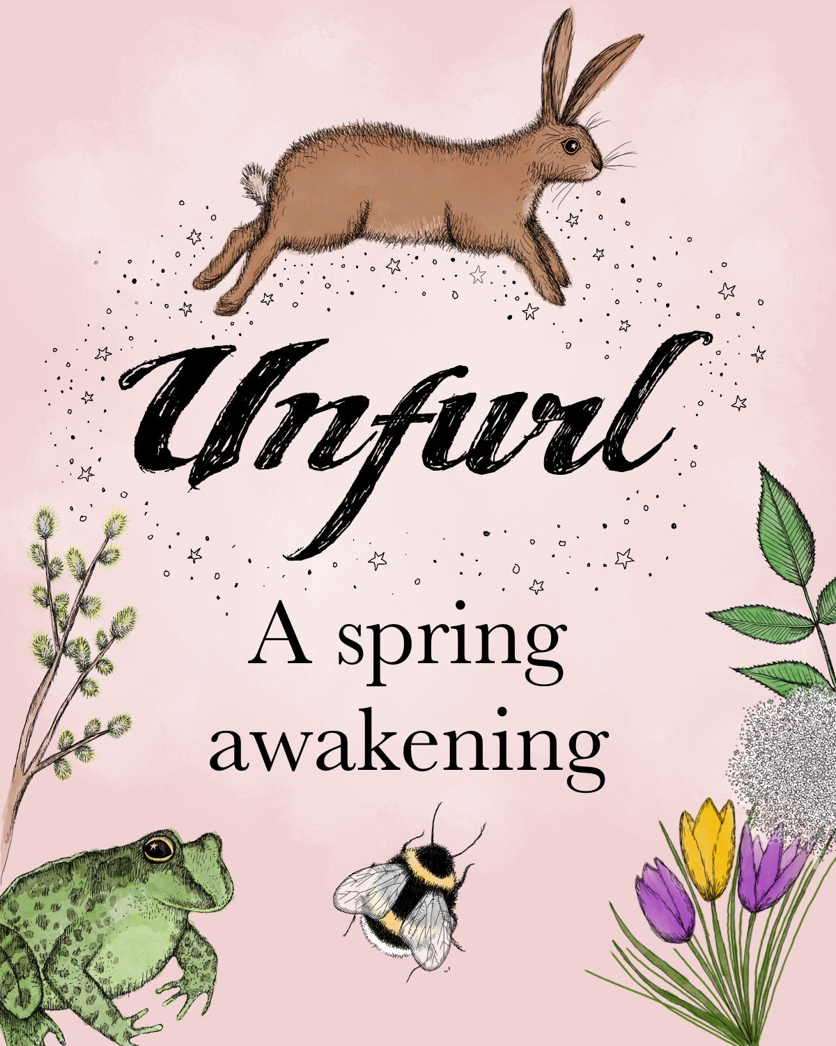 A magical illustration by Sam for Unfurl, a spring awakening with a hare, frog, bee, flowers