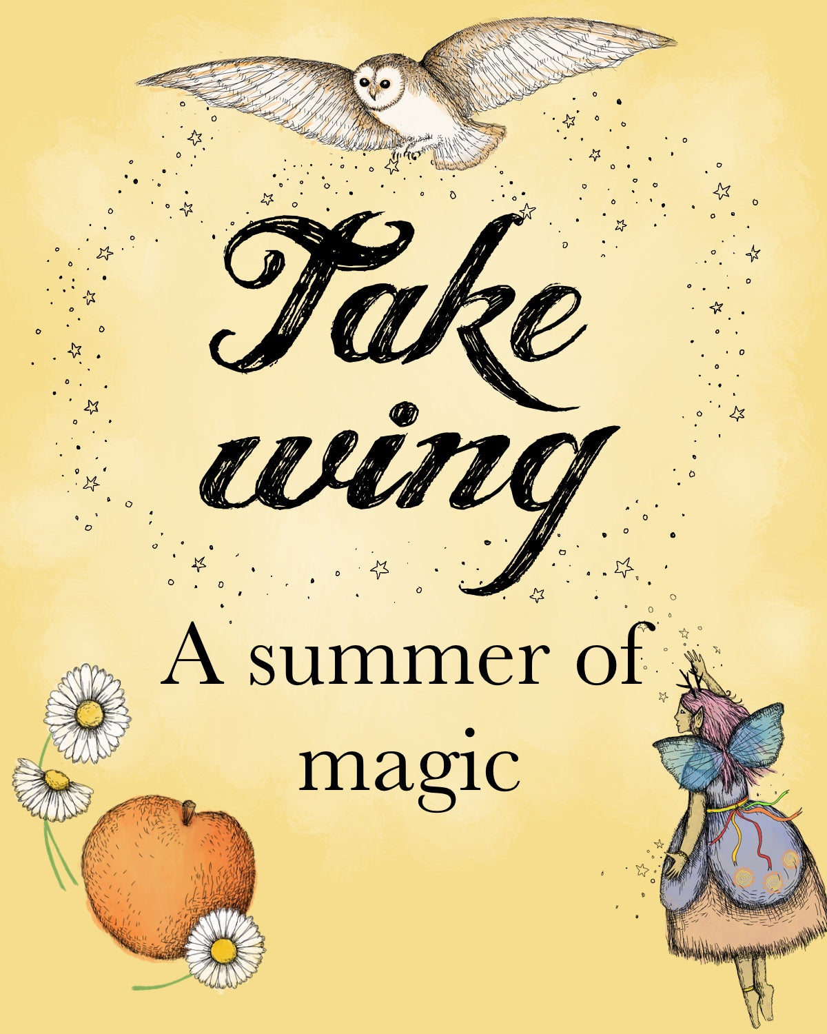 A magical illustration by green witch Sam Goodlet with a barn owl, peaches, daisies and a fairy