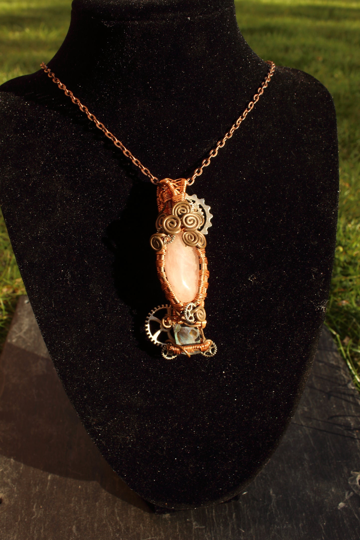 Steampunk rose quartz and abalone pendant