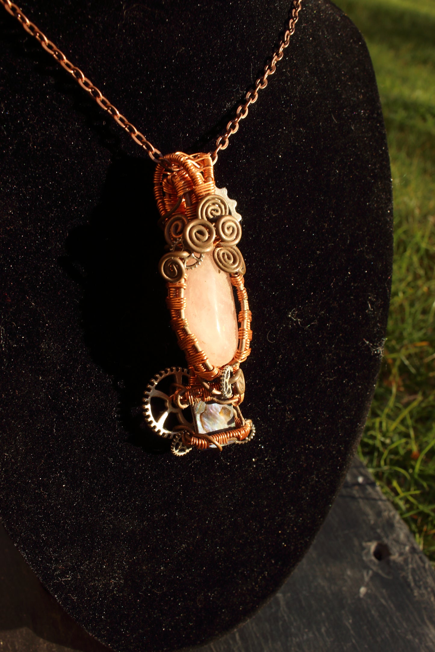 Steampunk rose quartz and abalone pendant
