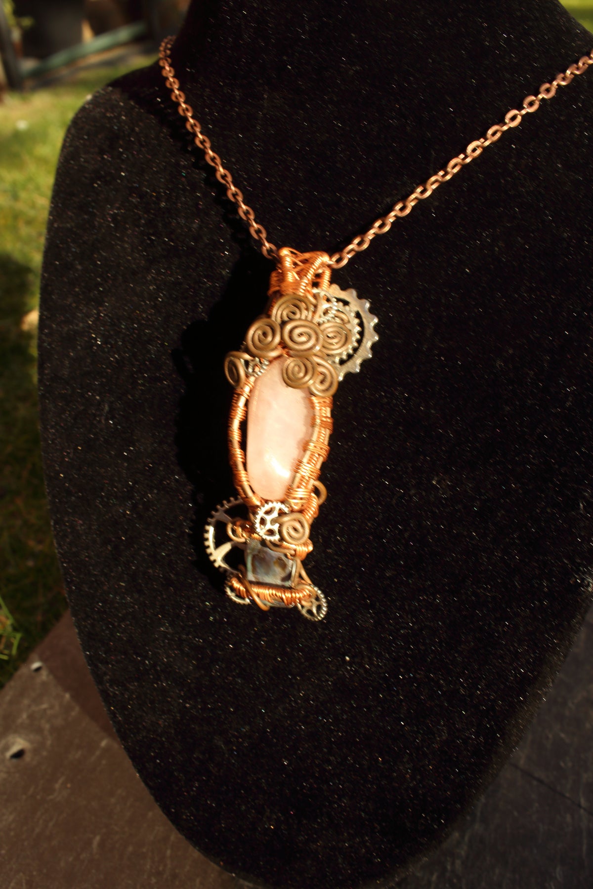 Steampunk rose quartz and abalone pendant
