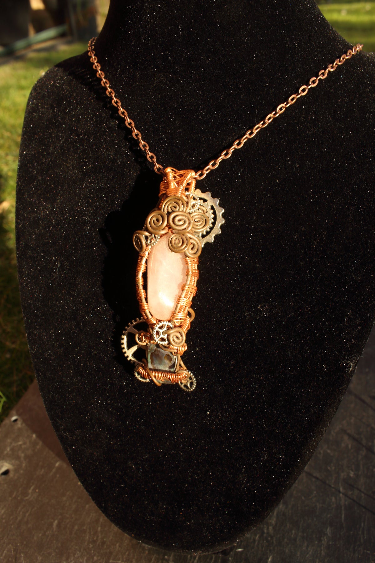 Steampunk rose quartz and abalone pendant