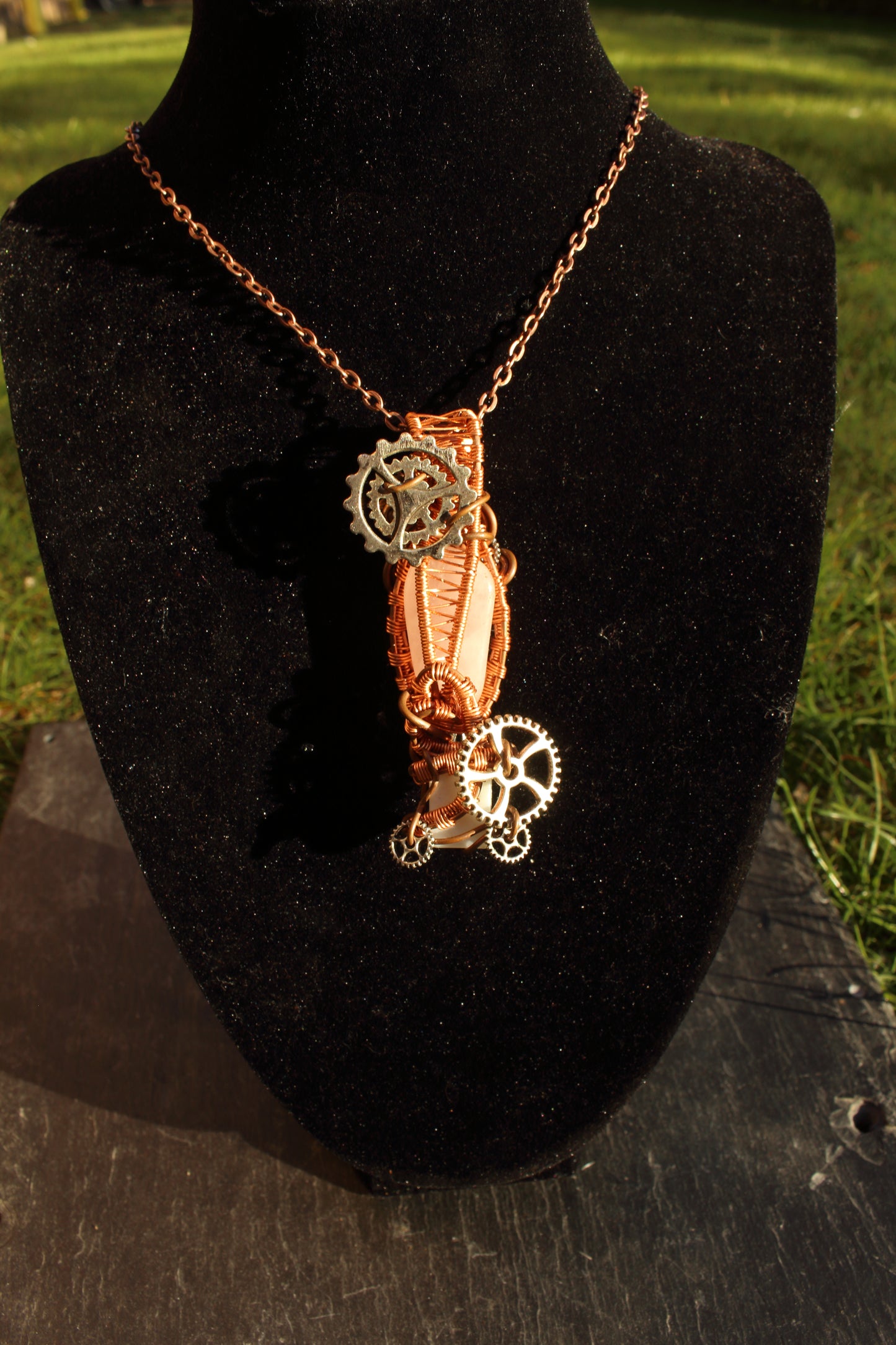 Steampunk rose quartz and abalone pendant