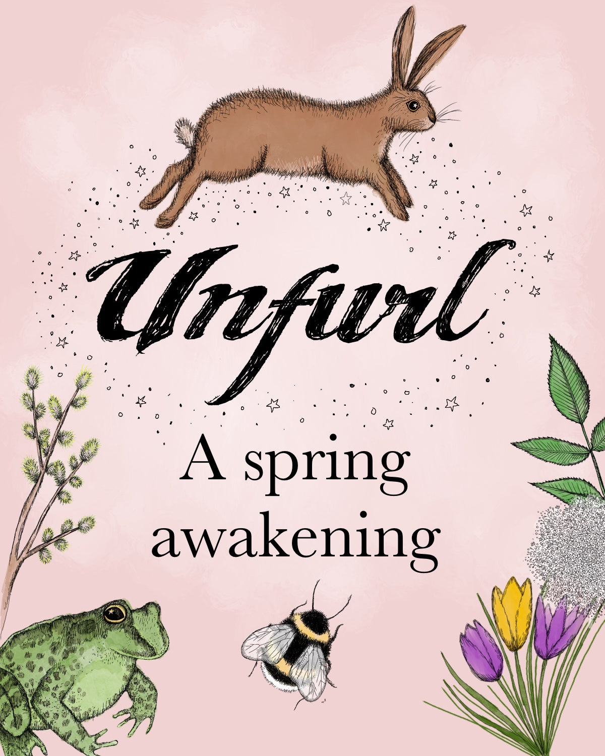 A magical illustration by Sam for Unfurl, a spring awakening with a hare, frog, bee, flowers 